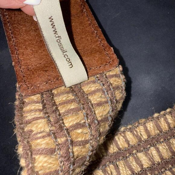 Vintage Fossil Wide Stretch Cinch Waist Belt Leather Woven Gold Buckle Boho - Picture 6 of 12